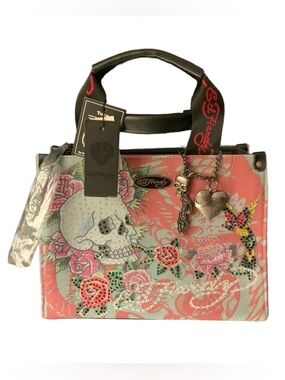 Ed Hardy Tattoo Rose & Skull Denim Rhinestone Purse NWT